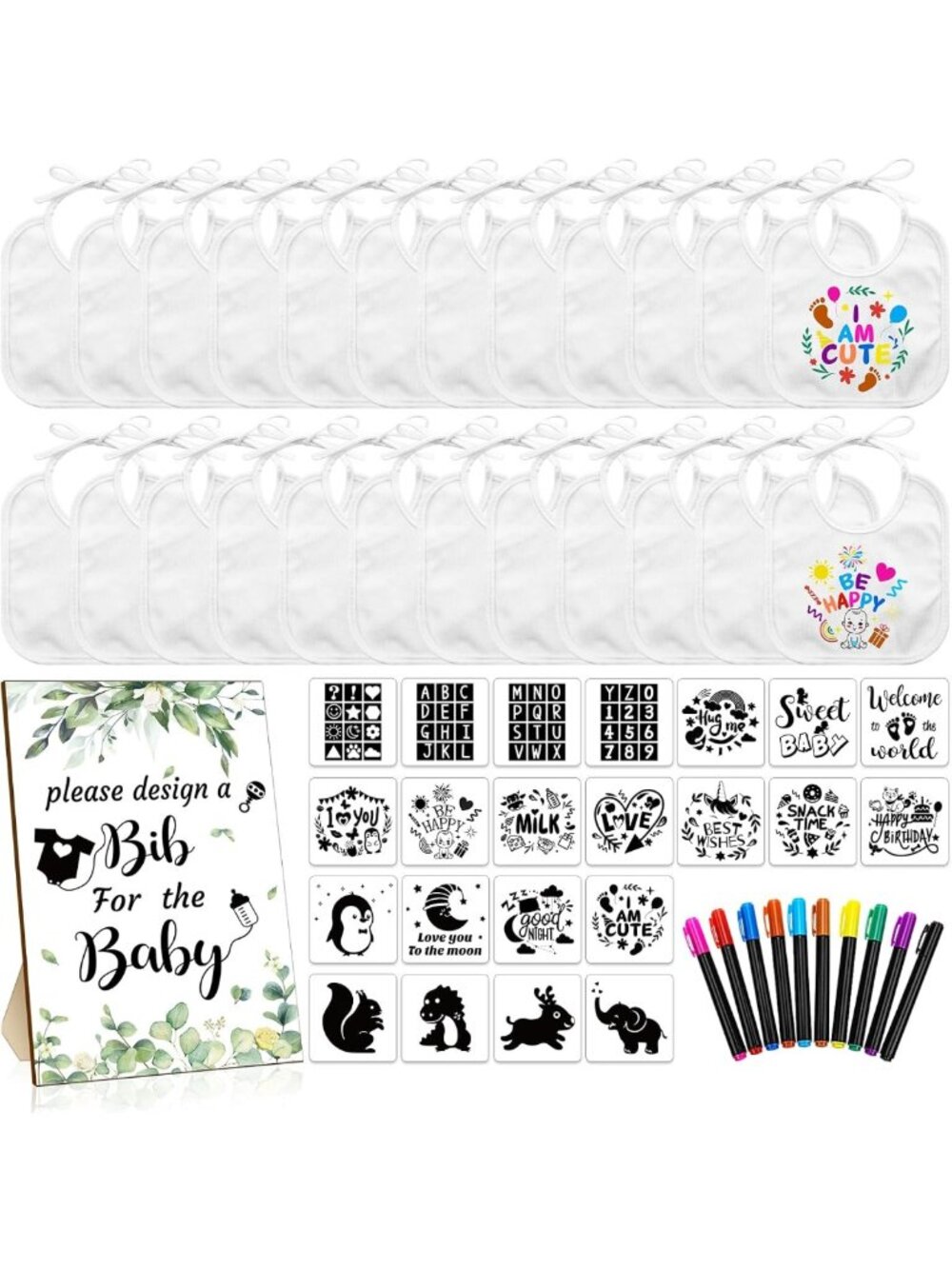 55 Pcs White Baby Bibs Set - DIY Decorate Your Own Bibs for Baby Shower Gifts